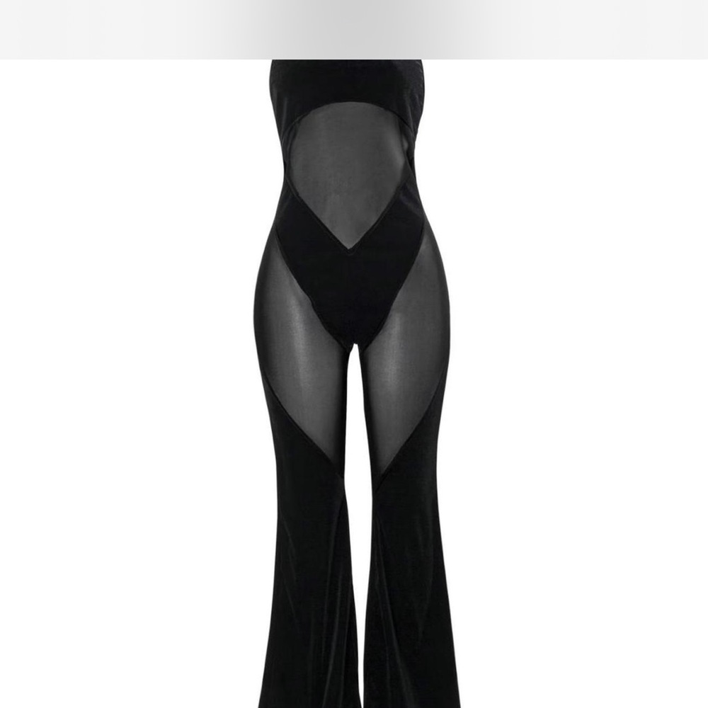 Black Mesh Panel Jumpsuit with Flared Legs